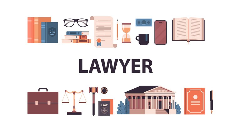Vetor lei e justiça definir livros do juiz do martelo escalas coleção de ícones do tribunal ilustração vetorial horizontal