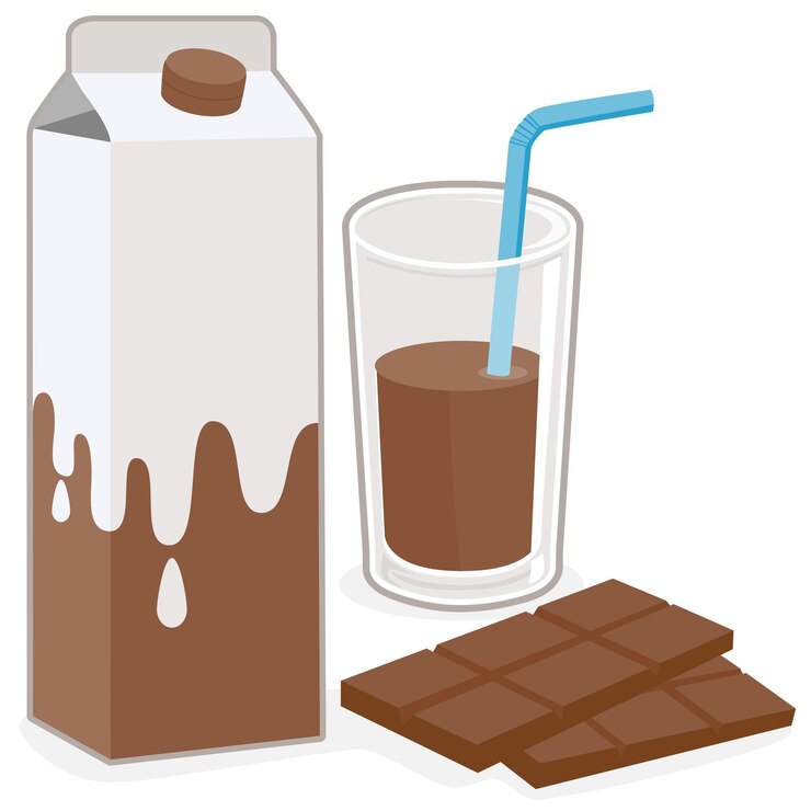 Vetor leite de cacau de chocolate carton e um copo de leite com sabor de chocolate e uma barra de chocolate