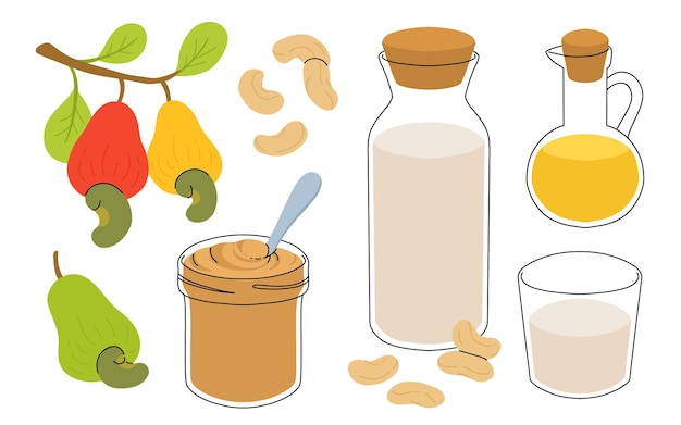 Leite de caju em garrafa e copo de vidro Leite vegetal conceito de leite vegano Ilustração vetorial isolada em fundo branco Leite alternativo e ingredientes Frutas e nozes de caju óleo e manteiga
