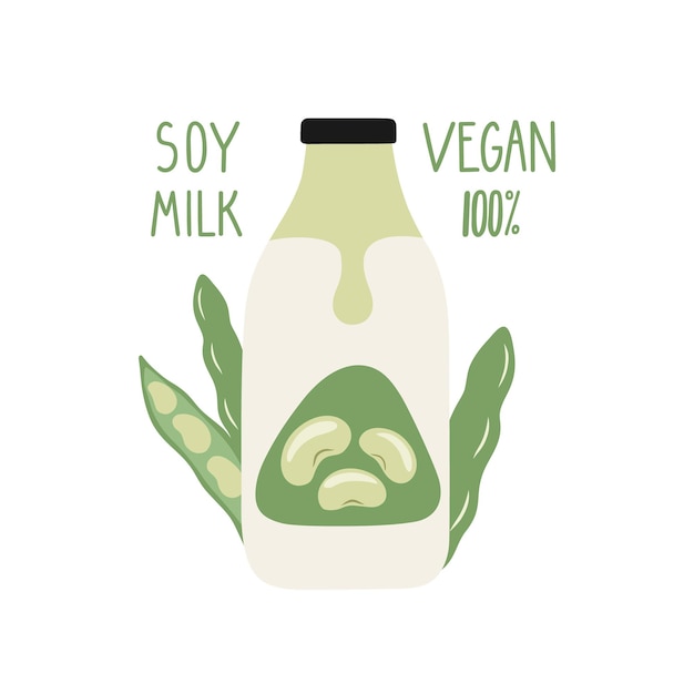 Leite de soja em garrafa de desenho animado. embalagem de leite vegan