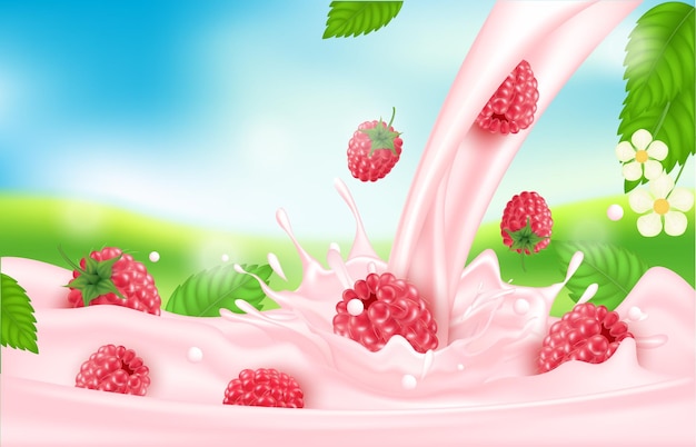 Leite doce de framboesa com frutas vermelhas e iogurte
