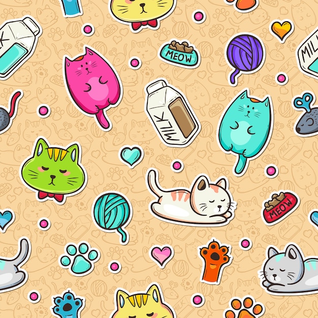 Leite e gatos doodle colorido padrão sem emenda