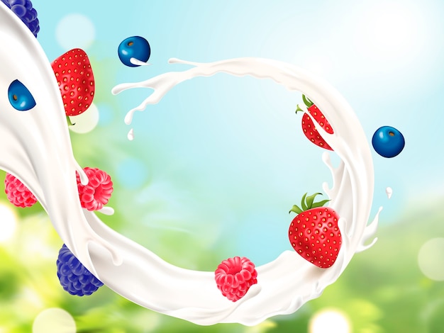 Leite escorrendo com ilustração de frutas