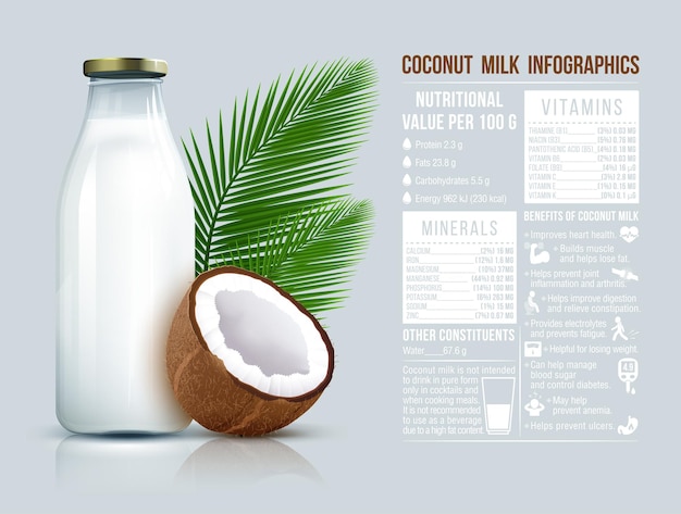 Leite vegan de coco sem laticínios em garrafas e infográficos de leite de coco