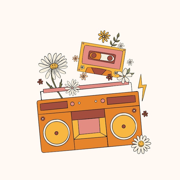 Vetor leitor de música retrô ou tocando música no fundo claro ilustração em vetor decorativo colorido no estilo doodle bonito groovy hippie cor laranja cartão e pôster de hippie