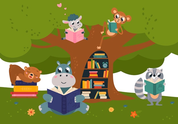 Vetor leitura de animais na floresta cartaz infantil dia dos livros biblioteca ao ar livre para animais inteligentes leitor de livros vida bonita na floresta e de volta à escola cena vetorial elegante