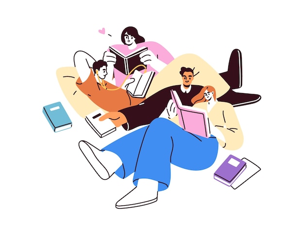 Leitura de livros juntos Leitores vermes de livro Estudantes em clube de literatura Pessoas estudando passando tempo com livros didáticos Conceito de educação Ilustração vetorial plana isolada em fundo branco