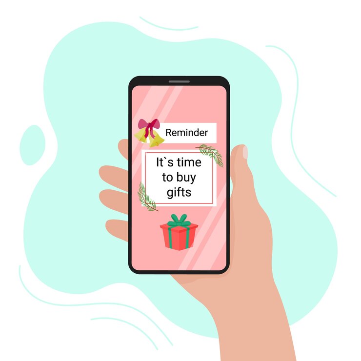 Vetor lembrete de telefone hora de comprar presentes de natal e ano novo compras de dezembro smartphone na mão do homem
