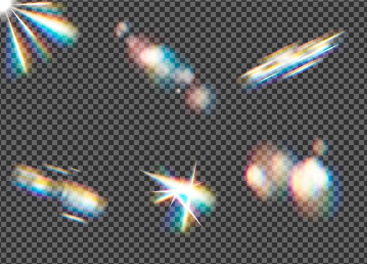 Vetor lente de arco-íris prisma de cristal de vidro ou câmera filtro raios coloridos fugas em fundo transparente