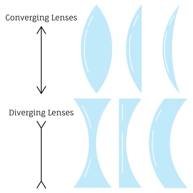 Lentes convergentes e lentes divergentes tipo conjunto isolado no fundo branco. diferentes tipos de lentes simples classificadas pela curvatura das duas superfícies ópticas. ilustração em vetor design plano.