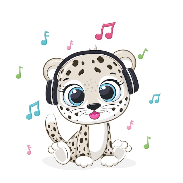 Leopardo bonito ouve música com fones de ouvido. ilustração em vetor de um desenho animado.