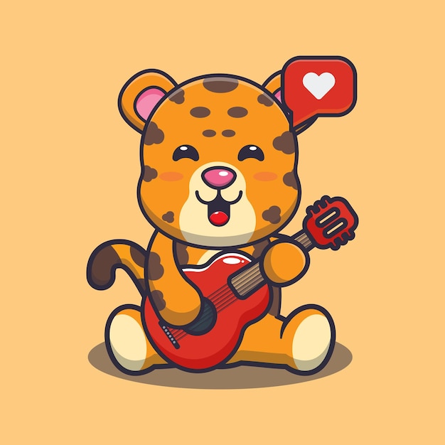 Leopardo fofo tocando violão ilustração de animal fofo desenho animado