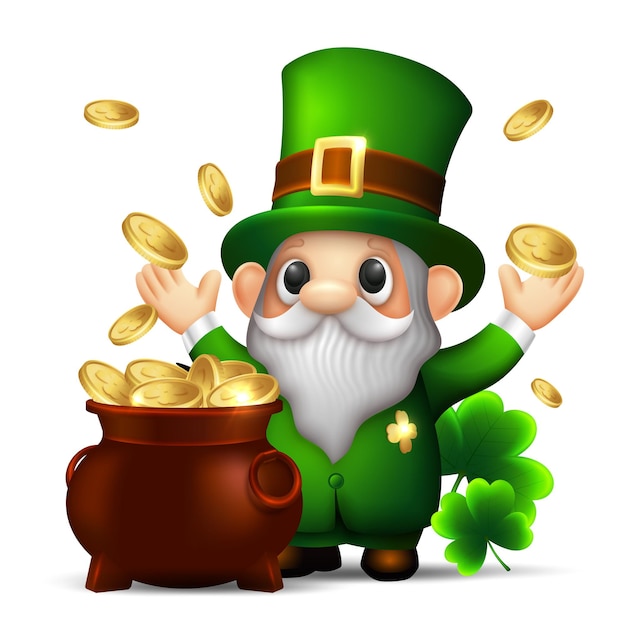 Leprechaun bonito com caldeirão dinheiro de ouro celebração do dia de são patrício clipart