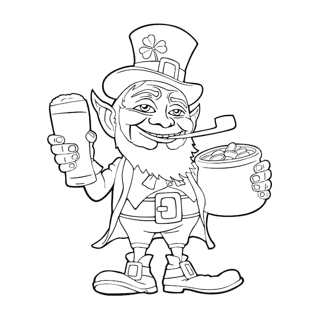 Leprechaun segurando copo de cerveja e pote de ilustração vetorial de moedas de ouro