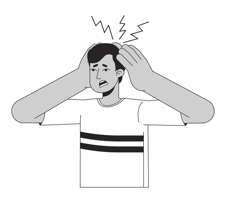 Vetor lesão de toque de cara na cabeça linha plana personagem de vetor branco preto esboço editável homem de meio corpo com dor latejante em branco ilustração de ponto isolado de desenho animado simples para design gráfico da web
