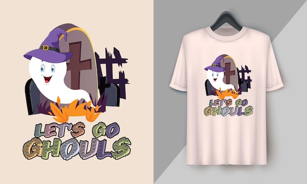 Vetor let's go ghouls retro halloween cute tshirt design com estilo descolado boo ghost abóbora bruxa etc.