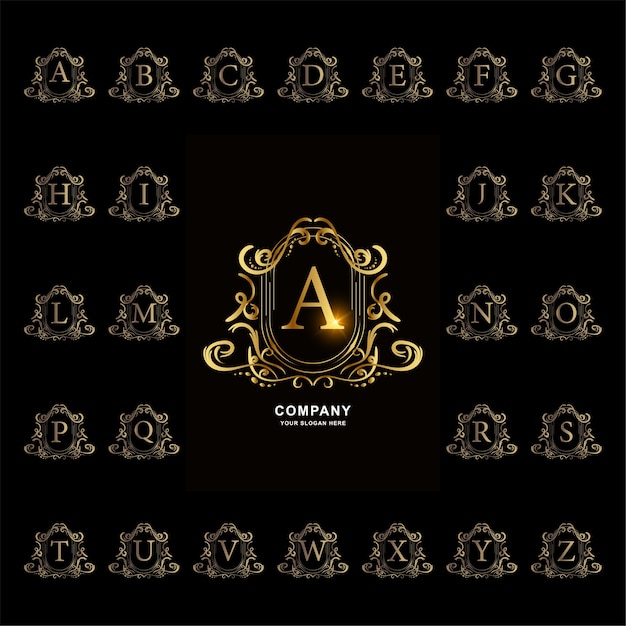 Letra A ou alfabeto inicial de coleção com modelo de logotipo dourado moldura floral ornamento de luxo.