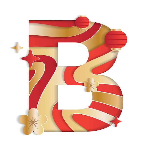 Letra b alfabeto fonte ano novo chinês fonte flor lanterna vermelho ouro 3d papel recorte