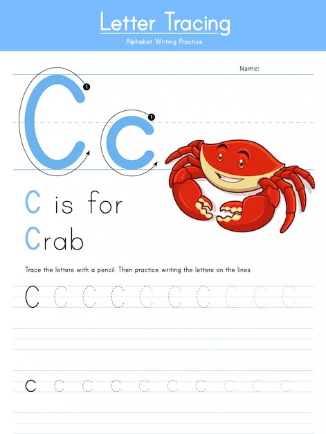 Letra c, rastreamento de animais alfabeto c para caranguejo