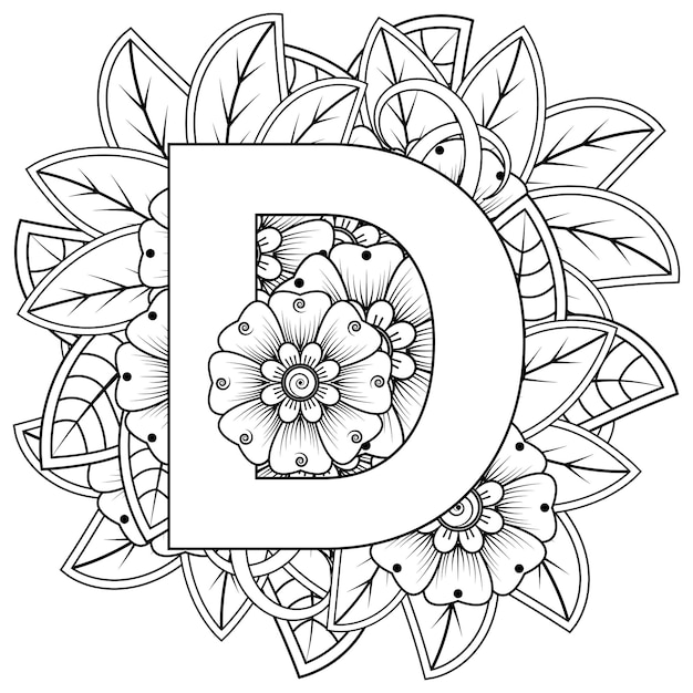 Letra d com ornamento decorativo de flor mehndi na página de livro para colorir de estilo oriental étnico