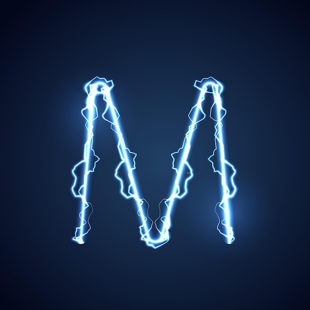 Letra de estilo relâmpago azul ou alfabeto M relâmpago e trovão ou brilho de fonte elétrica e efeito de brilho no design vetorial de fundo azul