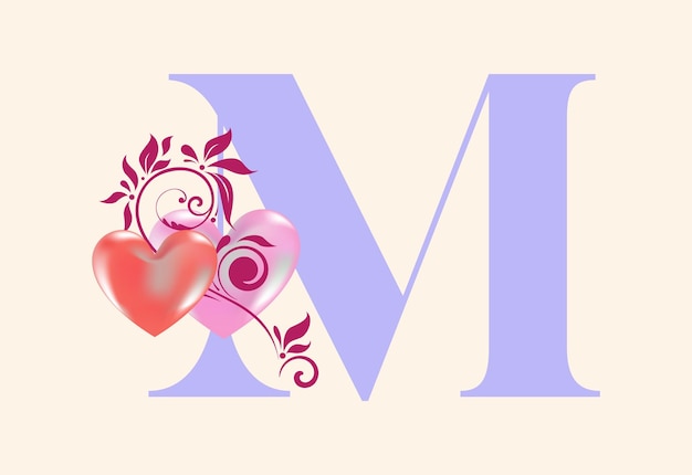 Vetor letra de monograma floral m com sinal de coração alfabeto inicial com elementos botânicos