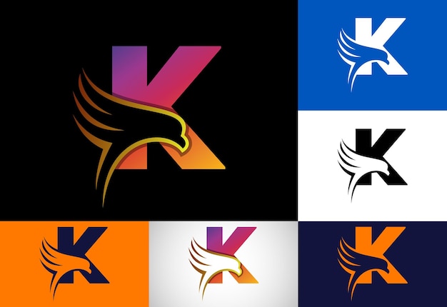 Vetor letra de monograma k inicial com símbolo de espaço negativo de cabeça de águia design de logotipo de cabeça de águia criativa