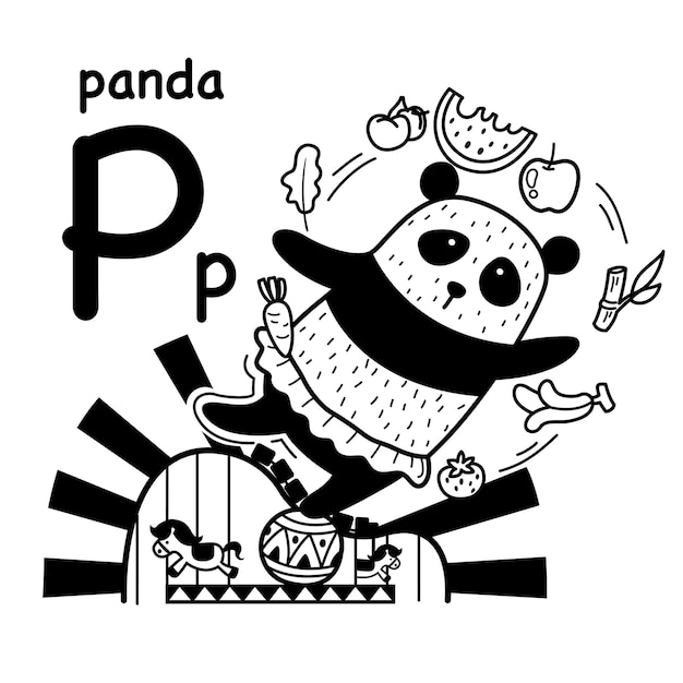 Letra do alfabeto p do panda desenhado à mão