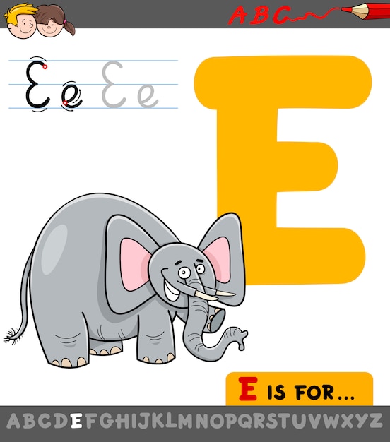 Letra e com elefante de desenho animado