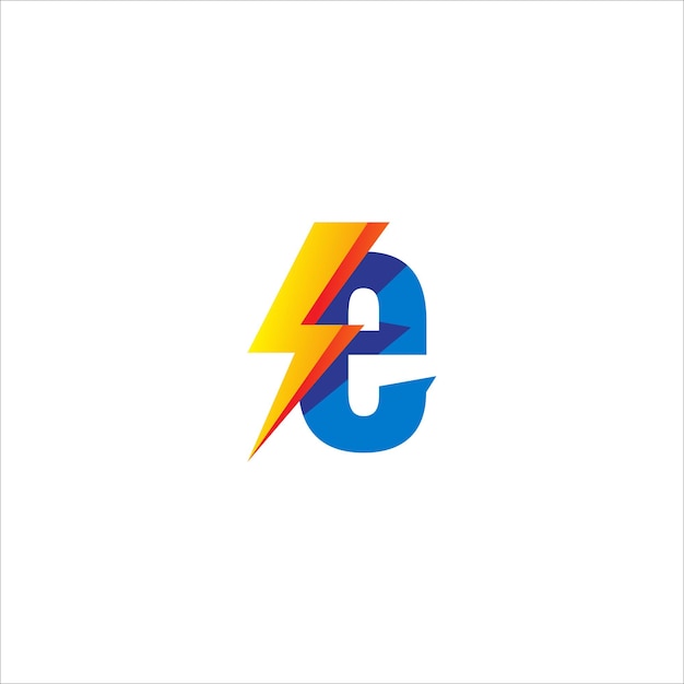 Letra E minúscula Modelo de design de logotipo inicial isolado no fundo branco Alfabeto com conceito de logotipo em forma de trovão Tema de cor de gradação azul e amarelo laranja