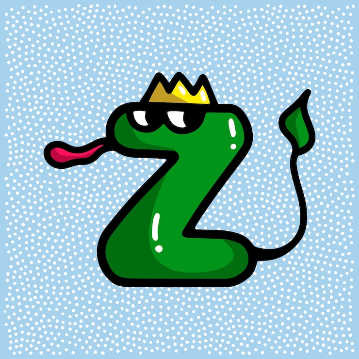Vetor letra engraçada verde z na forma de um monstro em uma coroa com um rosto uma cauda de uma cobra diabólica alegre e surpresa com sombra e destaques doodle