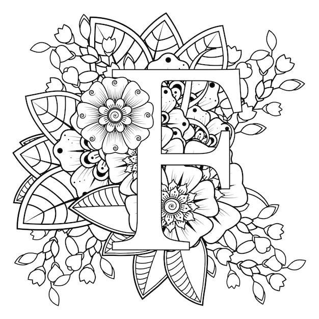 Letra f com ornamento decorativo de flor mehndi na página do livro para colorir de estilo oriental étnico