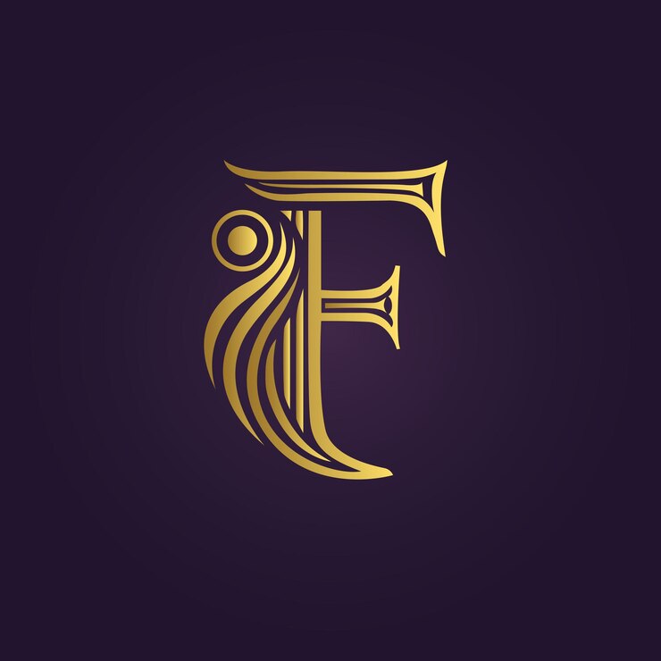 Letra F dourada ornamentada com curvas elegantes em fundo roxo escuro
