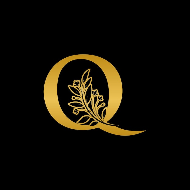 Letra floral dourada Q logotipo Ícone Luxo alfabeto fonte design inicial isolado em fundo preto