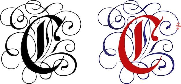 Letra gótica c com design de rolagem. a letra maiúscula vermelha a com estilo gótico de caligrafia