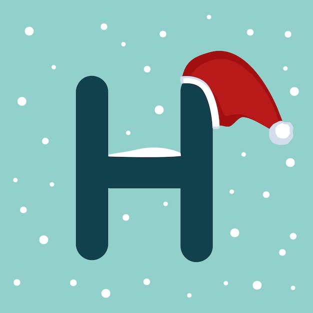 Letra h com neve e chapéu vermelho de papai noel. fonte festiva para o natal e ano novo