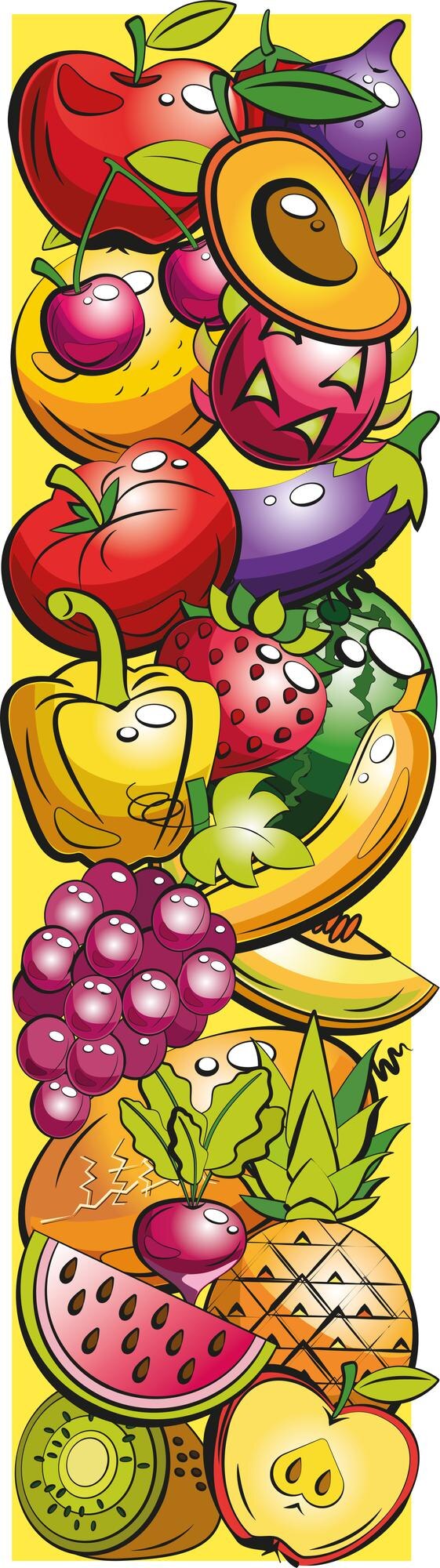 Vetor letra i. letras de frutas. colagem de frutas e vegetais coloridos na letra do alfabeto