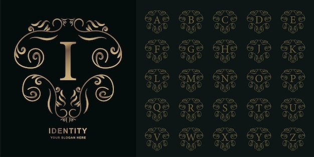 Letra i ou alfabeto inicial da coleção com modelo de logotipo dourado moldura floral ornamento de luxo.