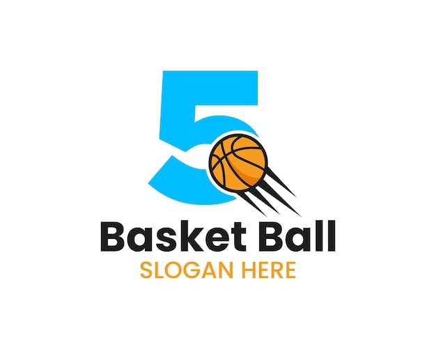 Letra inicial 5 logotipo de basquete com ícone de basquete em movimento. símbolo do logotipo da bola de basquete