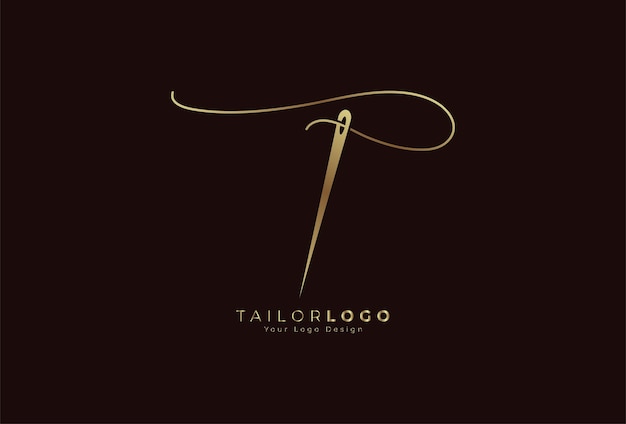 Letra inicial do logotipo t tailor t formada a partir de linha e agulha com estilo de linha de cor dourada