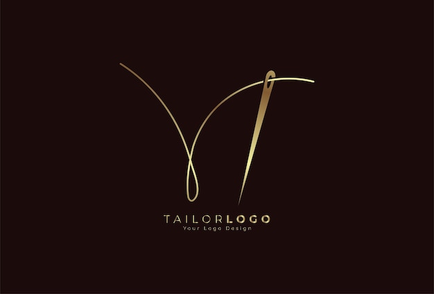 Letra inicial do logotipo V Tailor V formada a partir de linha e agulha com estilo de linha de cor dourada