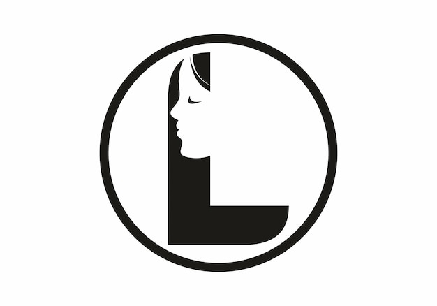 Letra inicial l preto e branco com silhueta de rosto feminino em círculo