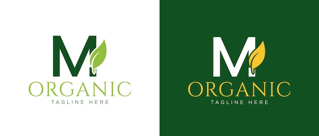 Letra inicial m com logotipo de folha vetor conceito elemento letra m logotipo com folha orgânica