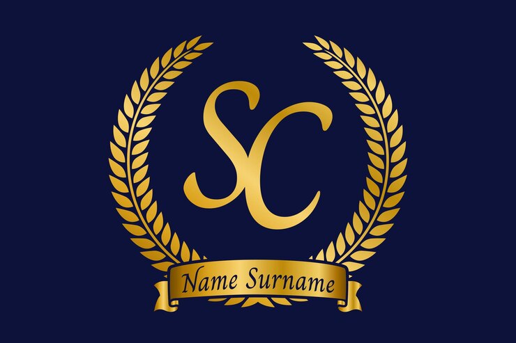 Vetor letra inicial s e c desenho do logotipo do monograma sc com coroa de louro font de caligrafia dourada de luxo