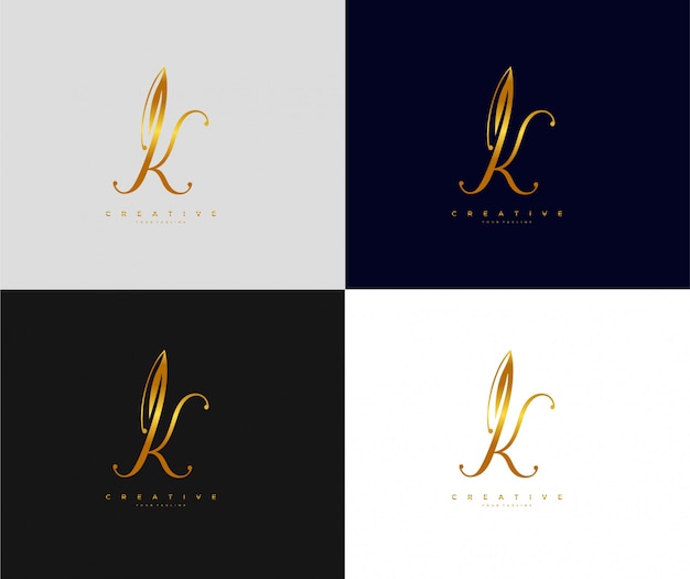Letra k com ícone de assinatura e logotipo dourado