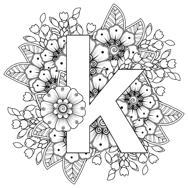 Letra k com ornamento decorativo de flor Mehndi na página do livro para colorir estilo oriental étnico