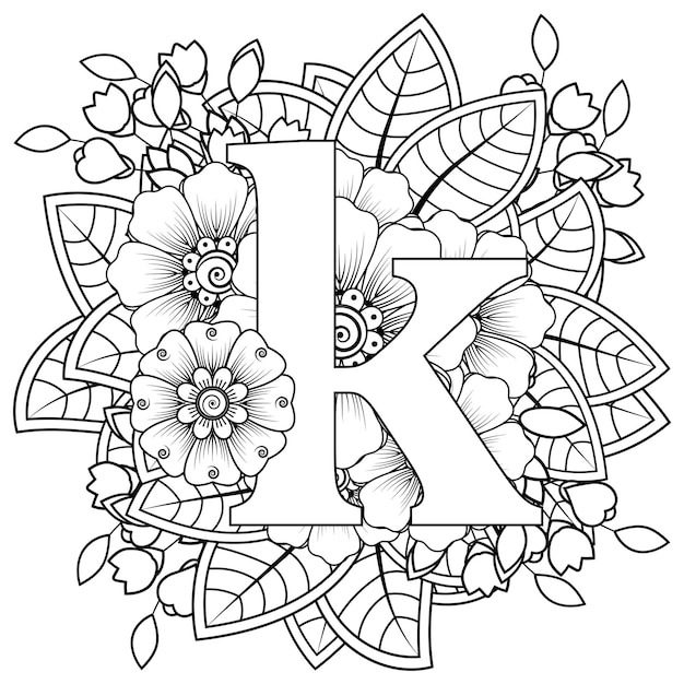 Letra k com ornamento decorativo de flor Mehndi na página do livro para colorir estilo oriental étnico