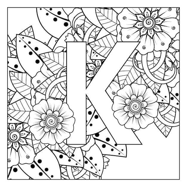 Letra k com ornamento decorativo de flor Mehndi na página do livro para colorir estilo oriental étnico