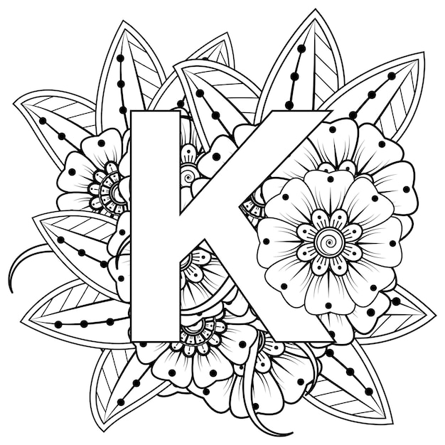 Letra K com ornamento decorativo de flor Mehndi na página do livro para colorir estilo oriental étnico