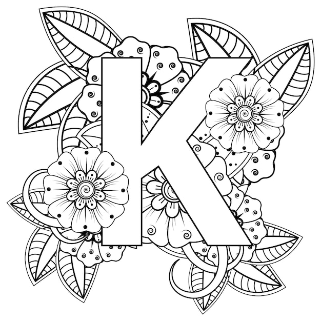 Letra K com ornamento decorativo de flor Mehndi na página do livro para colorir estilo oriental étnico